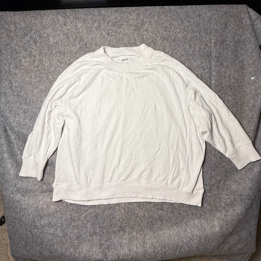 Aerie Oversized Crewneck Sweatshirt Womens XXL White Ribbed Trim Pullover Cozy